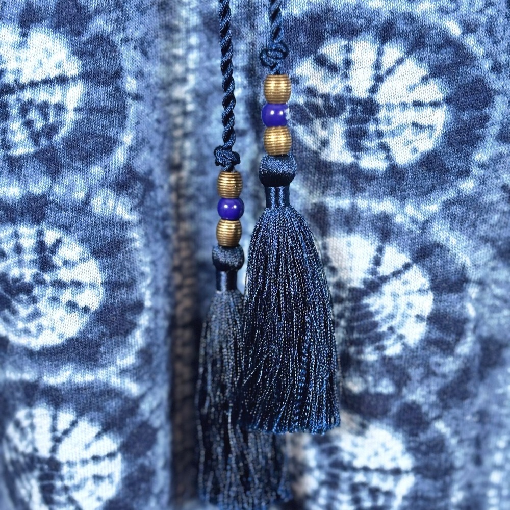 Lauren Ralph Lauren Tie-Dye Tassel Peasant Top Women's L Blue Linen Blend Boho - Picture 7 of 10